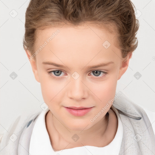 Joyful white child female with short  brown hair and brown eyes