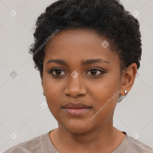 Neutral black young-adult female with short  black hair and brown eyes