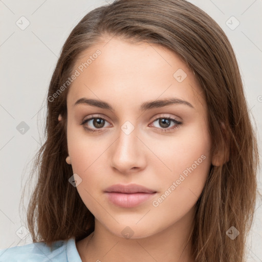 Neutral white young-adult female with long  brown hair and brown eyes