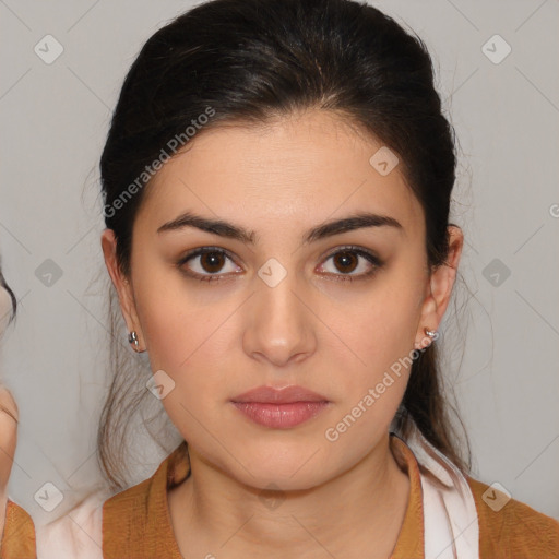 Neutral white young-adult female with medium  brown hair and brown eyes