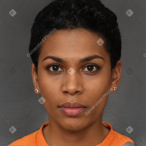 Neutral black young-adult female with short  black hair and brown eyes