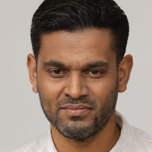 Neutral latino adult male with short  black hair and brown eyes