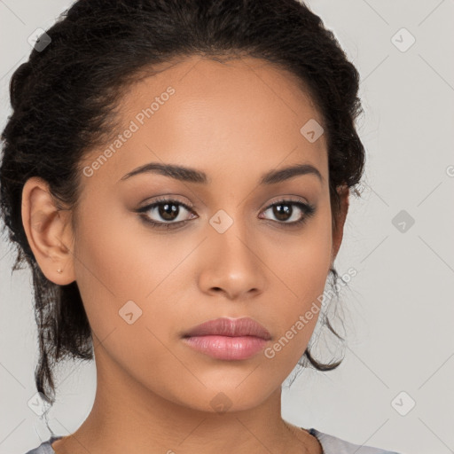 Neutral latino young-adult female with medium  brown hair and brown eyes