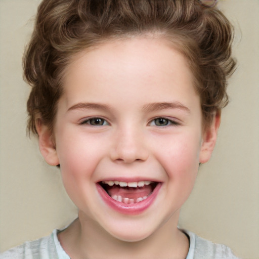 Joyful white child female with short  brown hair and brown eyes