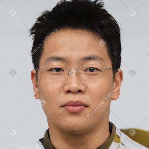Neutral asian young-adult male with short  brown hair and brown eyes
