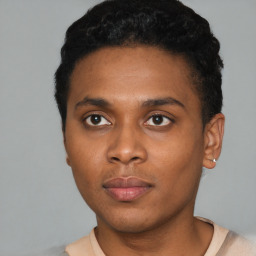 Neutral black young-adult male with short  black hair and brown eyes