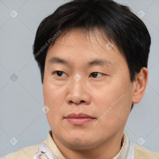 Joyful asian adult male with short  brown hair and brown eyes