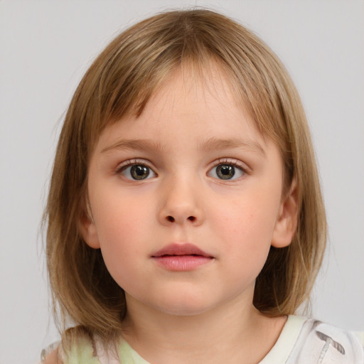 Neutral white child female with medium  brown hair and blue eyes