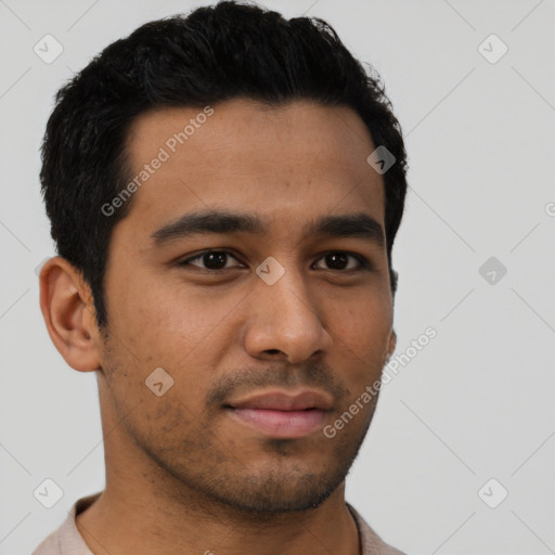 Neutral latino young-adult male with short  black hair and brown eyes