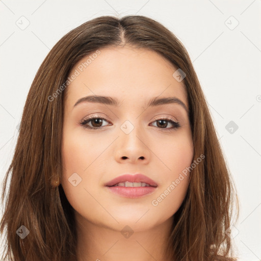 Neutral white young-adult female with long  brown hair and brown eyes