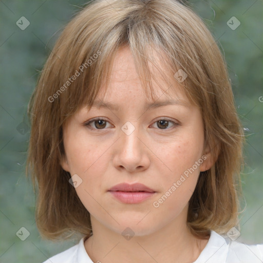 Neutral white young-adult female with medium  brown hair and brown eyes