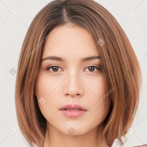 Neutral white young-adult female with medium  brown hair and brown eyes