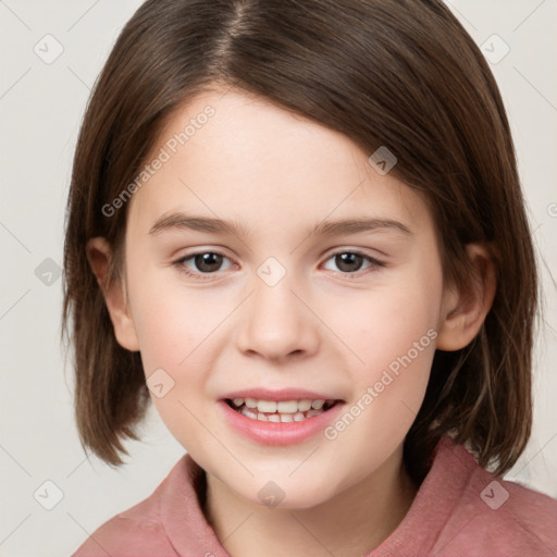 Joyful white child female with medium  brown hair and brown eyes