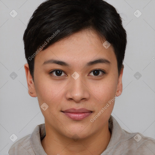 Joyful asian young-adult female with short  brown hair and brown eyes