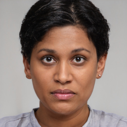 Joyful latino young-adult female with short  brown hair and brown eyes