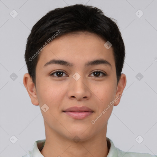 Joyful asian young-adult female with short  brown hair and brown eyes