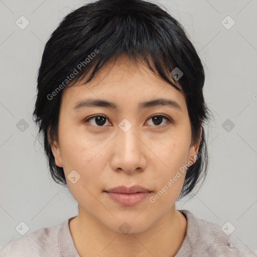 Neutral asian young-adult female with medium  brown hair and brown eyes