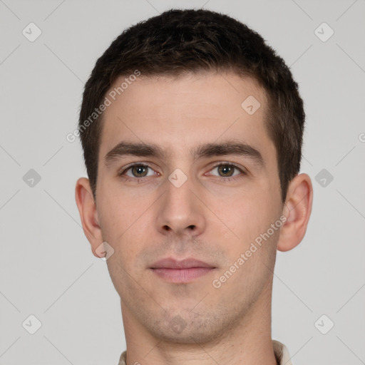 Neutral white young-adult male with short  brown hair and brown eyes