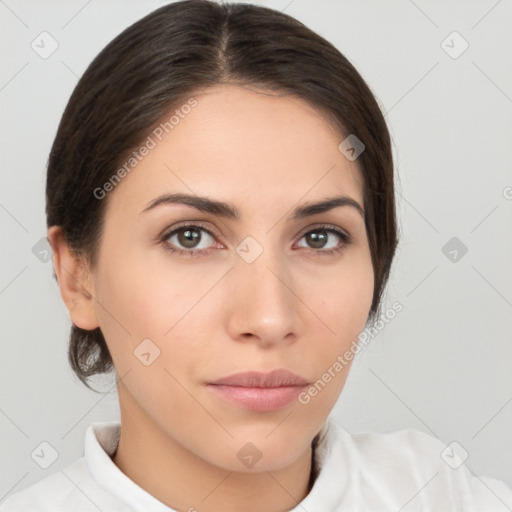 Neutral white young-adult female with medium  brown hair and brown eyes