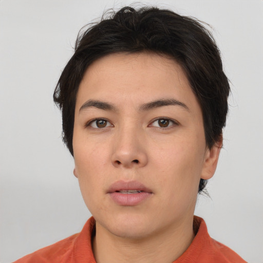 Neutral asian young-adult female with short  brown hair and brown eyes