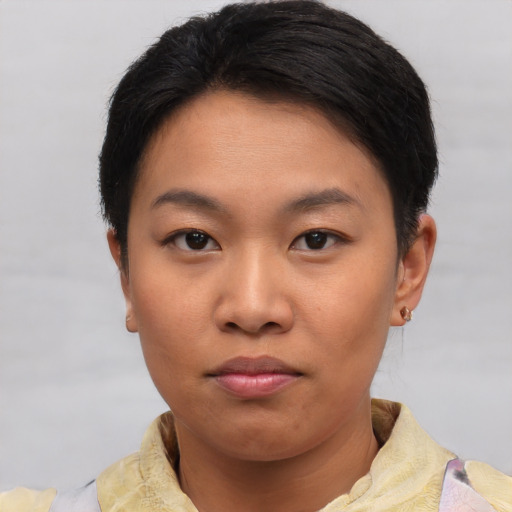 Neutral asian young-adult female with short  black hair and brown eyes
