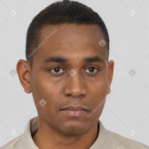 Neutral black young-adult male with short  brown hair and brown eyes