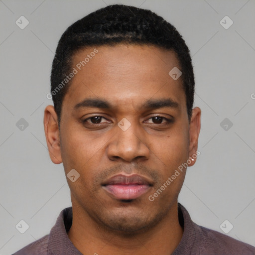 Neutral latino young-adult male with short  black hair and brown eyes