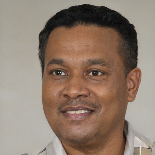 Joyful black adult male with short  black hair and brown eyes