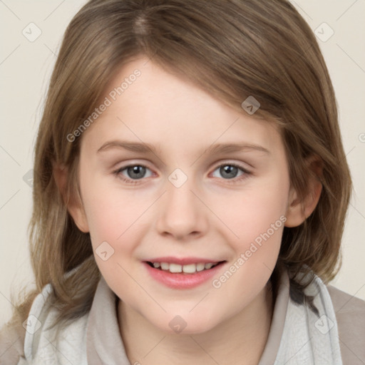 Joyful white child female with medium  brown hair and brown eyes