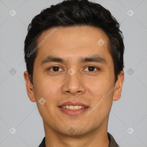 Joyful white young-adult male with short  black hair and brown eyes