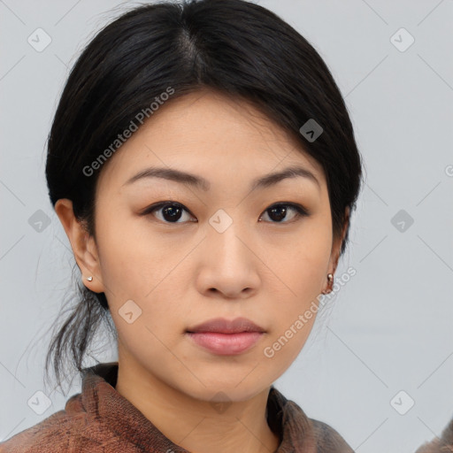 Neutral asian young-adult female with medium  brown hair and brown eyes