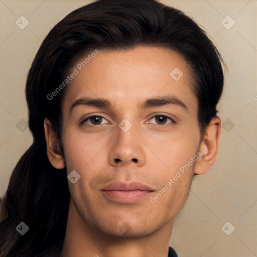 Neutral asian young-adult male with short  brown hair and brown eyes