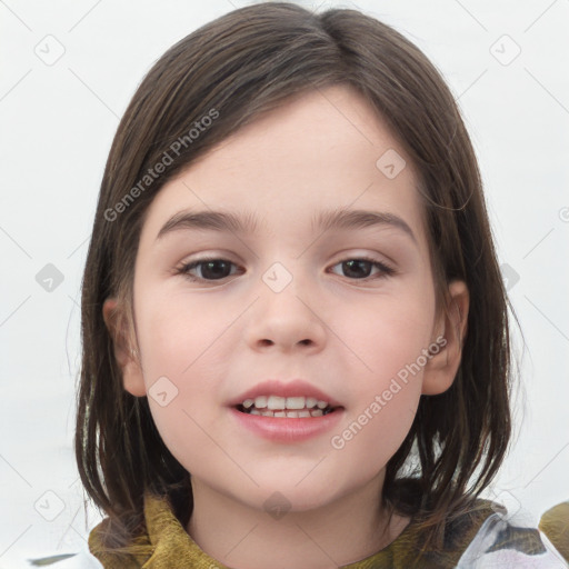 Joyful white child female with medium  brown hair and brown eyes