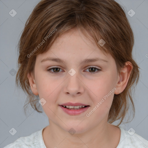 Joyful white child female with medium  brown hair and brown eyes