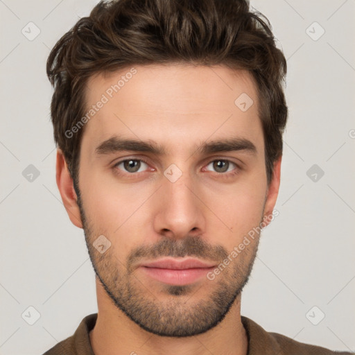 Neutral white young-adult male with short  brown hair and brown eyes