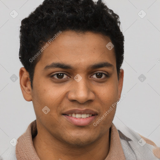 Joyful black young-adult male with short  brown hair and brown eyes