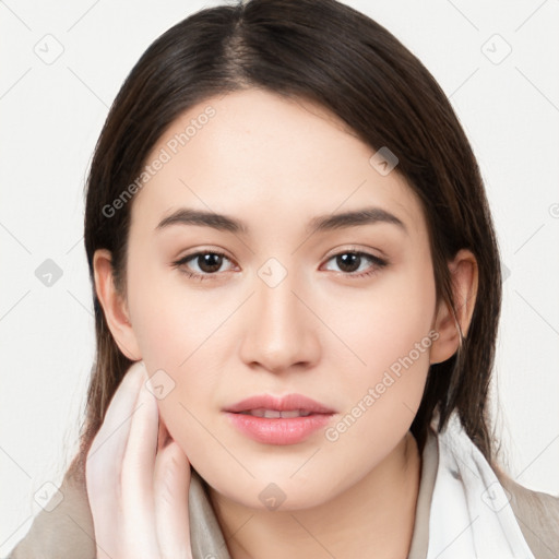 Neutral white young-adult female with long  brown hair and brown eyes