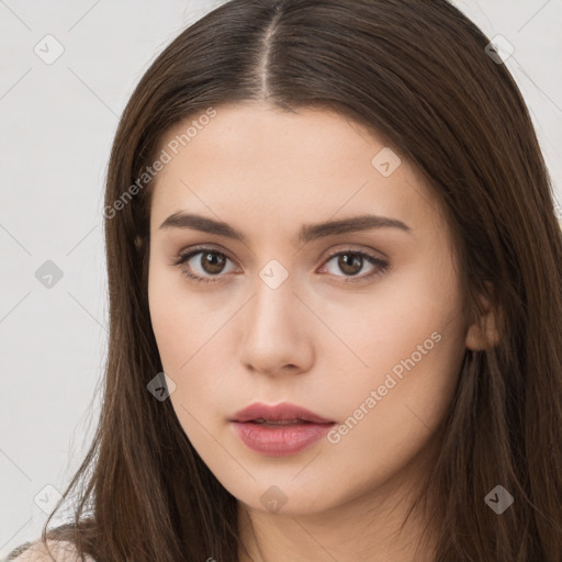 Neutral white young-adult female with long  brown hair and brown eyes