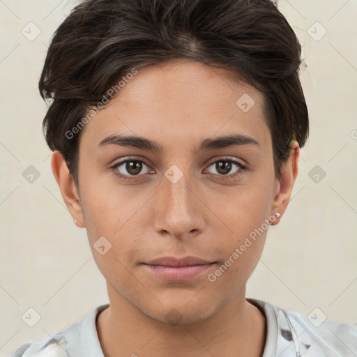 Neutral white young-adult female with short  brown hair and brown eyes