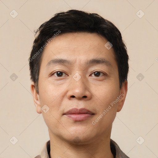 Neutral asian young-adult male with short  black hair and brown eyes