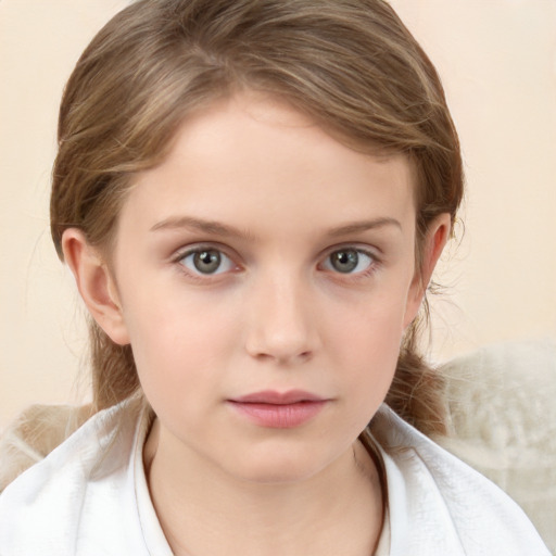 Neutral white child female with medium  brown hair and grey eyes