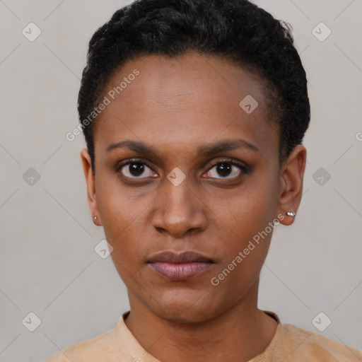 Neutral black young-adult female with short  black hair and brown eyes