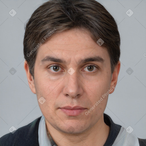 Neutral white adult male with short  brown hair and brown eyes