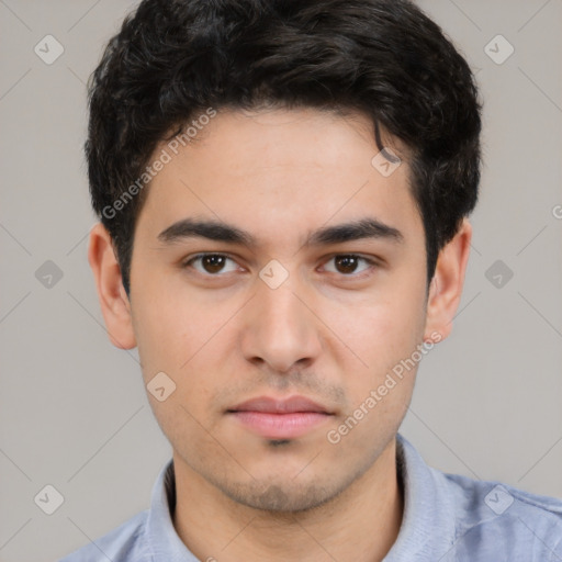 Neutral white young-adult male with short  black hair and brown eyes