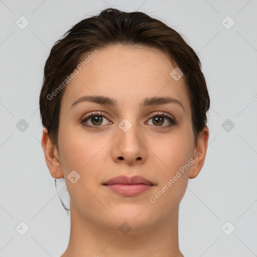 Neutral white young-adult female with short  brown hair and brown eyes