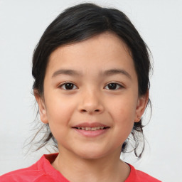 Joyful white child female with medium  brown hair and brown eyes