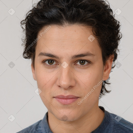 Joyful white adult female with short  brown hair and brown eyes