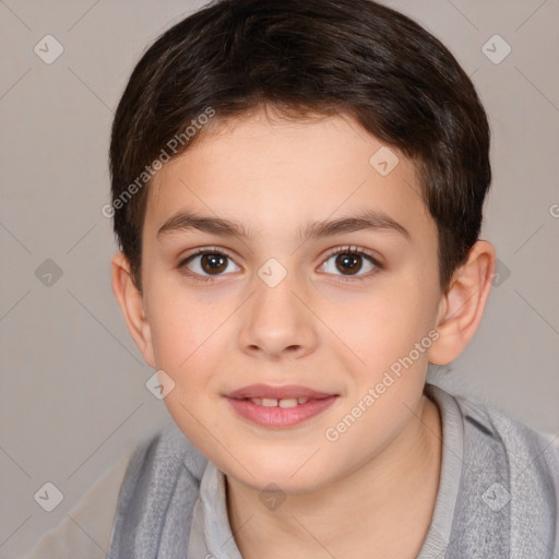 Joyful white child female with short  brown hair and brown eyes