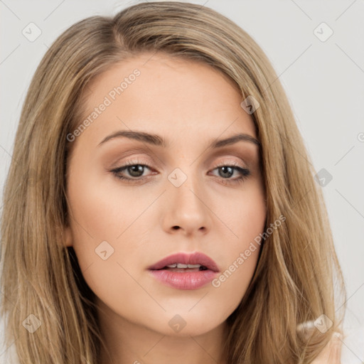 Neutral white young-adult female with long  brown hair and brown eyes