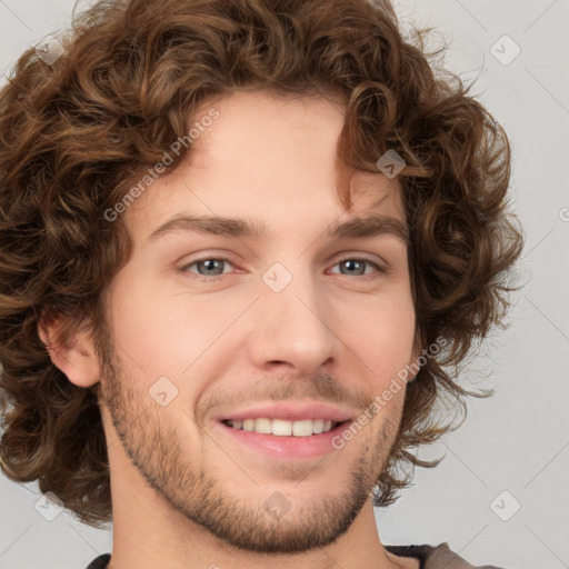 Joyful white young-adult male with medium  brown hair and brown eyes